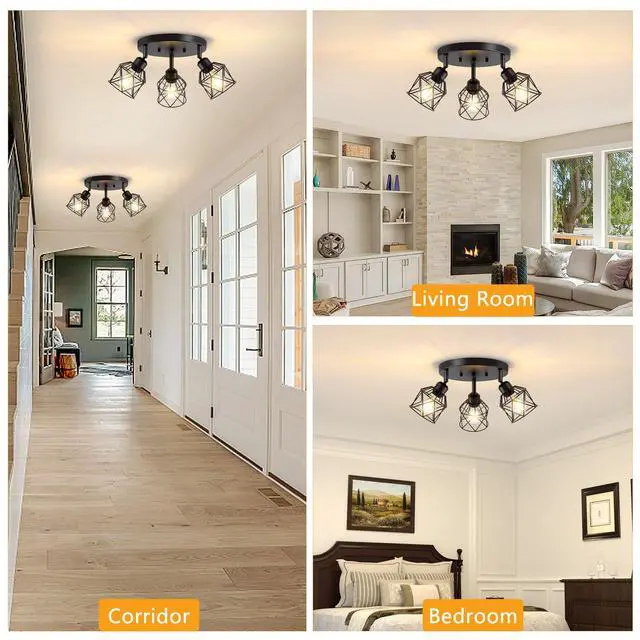 Alt view image 7 of 7 - 3-Light Kitchen Flush Mount Ceiling Light, Adjustable Multi-Directional Ceiling Light Fixture, Farmhouse Black Metal Cage Close to Ceiling Lamp for Dining Room Bedroom Hallway