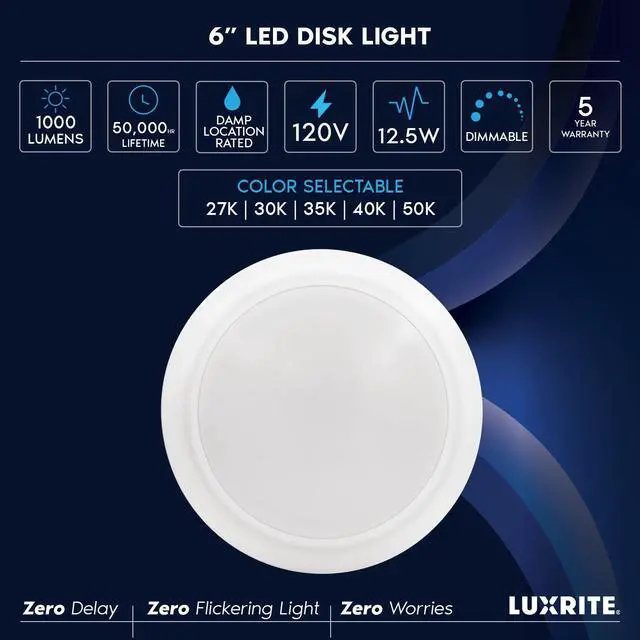 Alt view image 7 of 7 - 6 Inch LED Disk Lights, Dimmable Flush Mount Ceiling Light, 5CCT Selectable 2700K 3000K 3500K 4000K 5000K, 12.5W, 1000LM, Surface Mount Light Fixture, Damp Rated, Energy Star, ETL