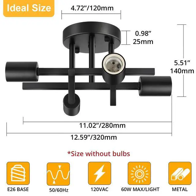 Alt view image 2 of 7 - Industrial 4-Light Semi Flush Mount Ceiling Light Fixture, Modern Farmhouse Lights Matte Black, Rustic Sputnik Chandelier for Bedroom Foyer