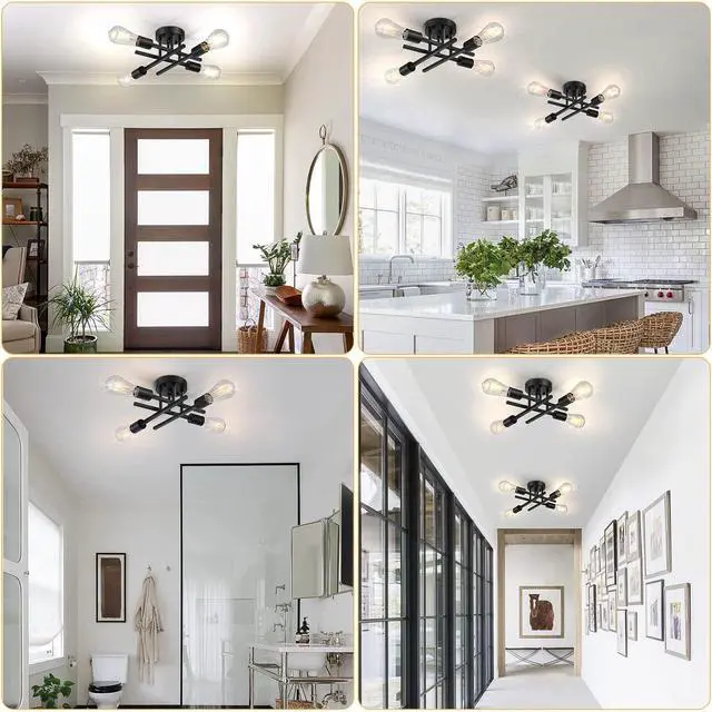 Alt view image 5 of 7 - Industrial 4-Light Semi Flush Mount Ceiling Light Fixture, Modern Farmhouse Lights Matte Black, Rustic Sputnik Chandelier for Bedroom Foyer