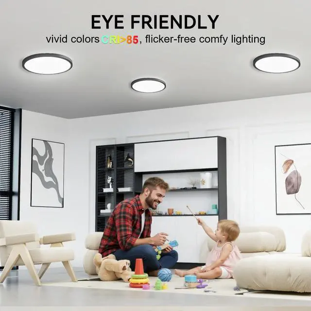 Alt view image 6 of 6 - 2 Pack 3200lm LED Flush Mount Ceiling Light 28W 12 Inch 5CCT Adjustable Super Slim 0.87 inch Round Ceiling Lamp for Bedroom, Living Room, Kitchen, Laundry - Black