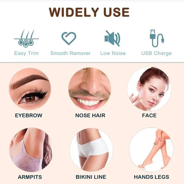 Alt view image 3 of 6 - Facial Hair Removal Eyebrow Trimmer - Facial Shaver Device 2 in 1 Remover for Face Peach Fuzz Eyebrow Nose Ear Hair Chin Lips Armpit with LED Light Rechargeable for Women Men Travel Size (White)