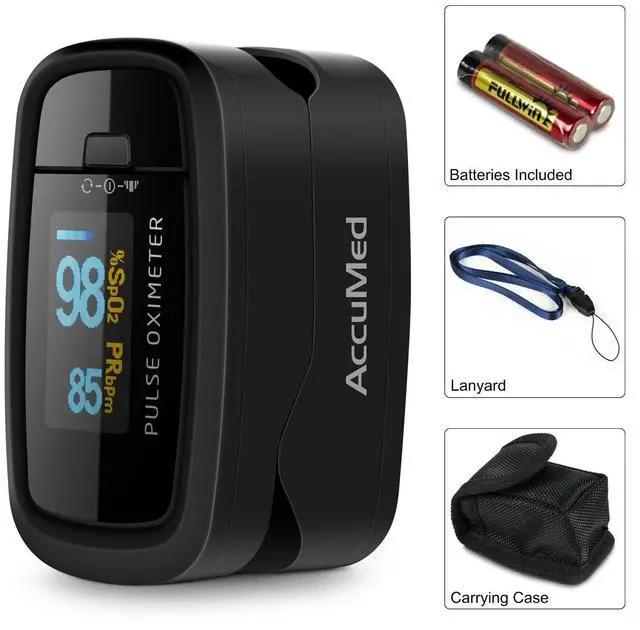 Alt view image 4 of 5 - CMS-50D1 Fingertip Pulse Oximeter Blood Oxygen Sensor SpO2 for Sports and Aviation. Portable and Lightweight with LED Display, 2 AAA Batteries, Lanyard and Travel Case (Black)