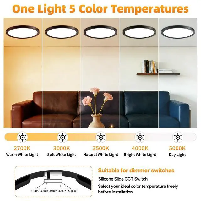 Alt view image 3 of 7 - 12Inch LED Flush Mount Ceiling Light,5CCT,ETL Listed,Dimmable,Black