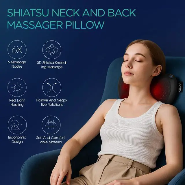 Alt view image 2 of 7 - Shiatsu Neck and Back Massager with Heat - 3D Kneading Deep Tissue Massage Pillow for Lower Back, Shoulder, Calf, Foot, Use at Home, Office YZ101 (Dark Black)