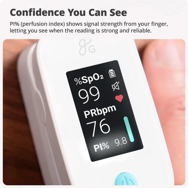 Alt view image 2 of 7 - Finger Pulse Oximeter, Blood Oxygen Meter, Measures SpO2, Heart Rate, and PI, Includes Batteries & Lanyard