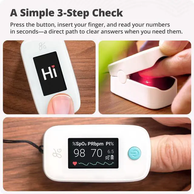 Alt view image 4 of 7 - Finger Pulse Oximeter, Blood Oxygen Meter, Measures SpO2, Heart Rate, and PI, Includes Batteries & Lanyard
