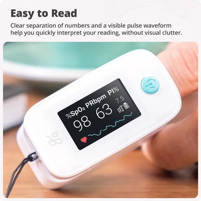 Alt view image 3 of 7 - Finger Pulse Oximeter, Blood Oxygen Meter, Measures SpO2, Heart Rate, and PI, Includes Batteries & Lanyard