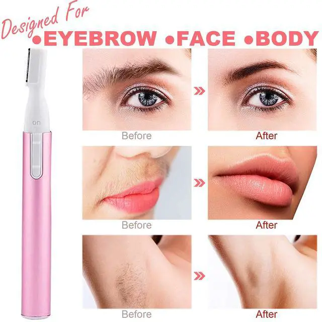 Alt view image 2 of 6 - Electric Eyebrow Trimmer for Women, Facial Hair Razor Removal for Men, Mini Epilator for Bikini, Remover for Face, Chin, Peach Puzz, Lips, Body, Arms, Legs, Battery Operated (Pink)