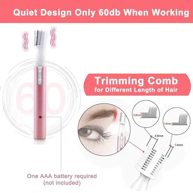 Alt view image 6 of 6 - Electric Eyebrow Trimmer for Women, Facial Hair Razor Removal for Men, Mini Epilator for Bikini, Remover for Face, Chin, Peach Puzz, Lips, Body, Arms, Legs, Battery Operated (Pink)
