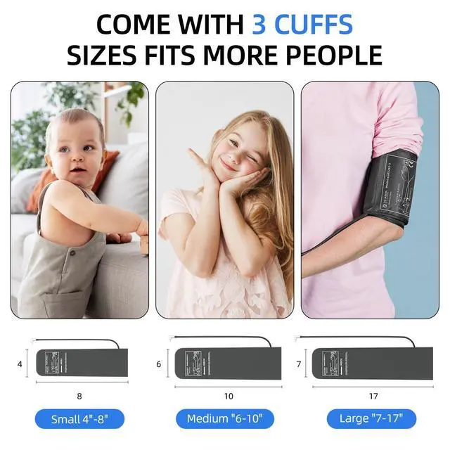 Alt view image 2 of 7 - Pediatric Blood Pressure Cuff, Blood Pressure Machine for Home Use - 3 Size Cuffs, Small 4"-8", Medium 6"-10" and Large 7"-17", Perfect for Family Health Monitoring
