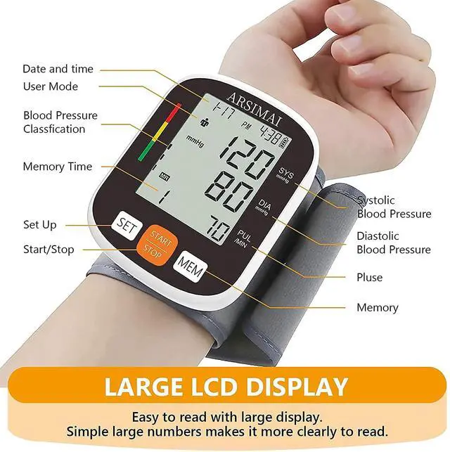 Alt view image 2 of 7 - Automatic Wrist Blood Pressure Monitor: Adjustable Cuff + 2AAA Battery and Storage Case - Irregular Heartbeat Detector & 198 Readings Memory Function & Large LCD Screen