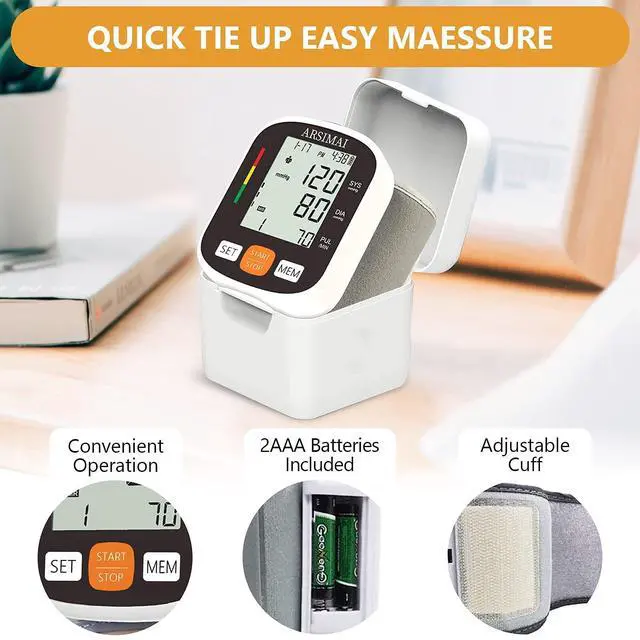 Alt view image 3 of 7 - Automatic Wrist Blood Pressure Monitor: Adjustable Cuff + 2AAA Battery and Storage Case - Irregular Heartbeat Detector & 198 Readings Memory Function & Large LCD Screen