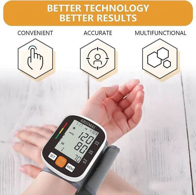 Alt view image 5 of 7 - Automatic Wrist Blood Pressure Monitor: Adjustable Cuff + 2AAA Battery and Storage Case - Irregular Heartbeat Detector & 198 Readings Memory Function & Large LCD Screen
