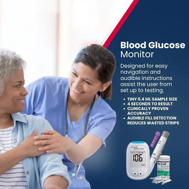 Alt view image 3 of 7 - Blood Glucose Monitor Meter Express Voice, Bilingual (English/Spanish) Guidance, 300 Test Storage, Large Display, Accurate Diabetic Blood Sugar Results in Seconds, Travel Case