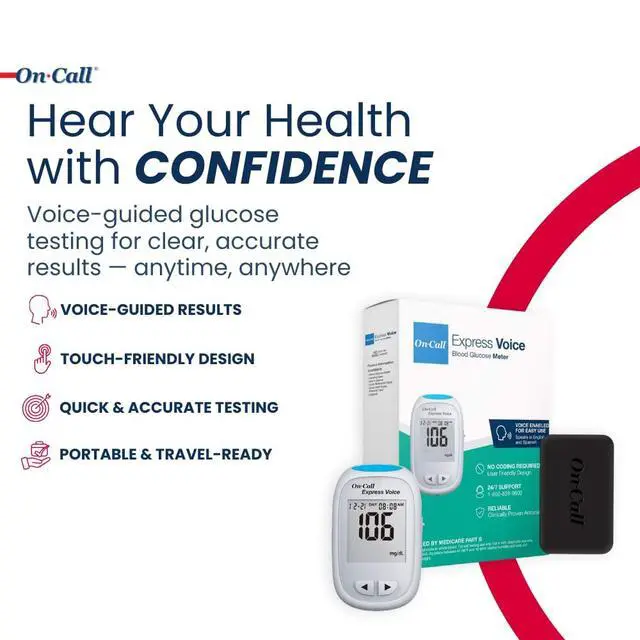 Alt view image 2 of 7 - Blood Glucose Monitor Meter Express Voice, Bilingual (English/Spanish) Guidance, 300 Test Storage, Large Display, Accurate Diabetic Blood Sugar Results in Seconds, Travel Case