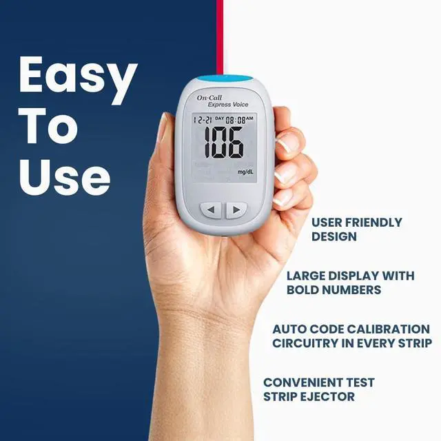 Alt view image 4 of 7 - Blood Glucose Monitor Meter Express Voice, Bilingual (English/Spanish) Guidance, 300 Test Storage, Large Display, Accurate Diabetic Blood Sugar Results in Seconds, Travel Case