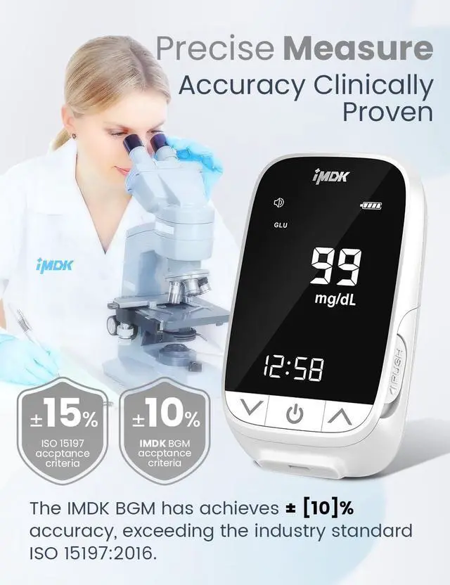 Alt view image 4 of 7 - IMDK Blood Sugar Test Kit, Precision Blood Glucose Monitor Kit with 50 Glucometer Strips, 50 Lancets, 1 Lancing Device and 1 Control Solution, High Accuracy ± 9% & No Coding Required