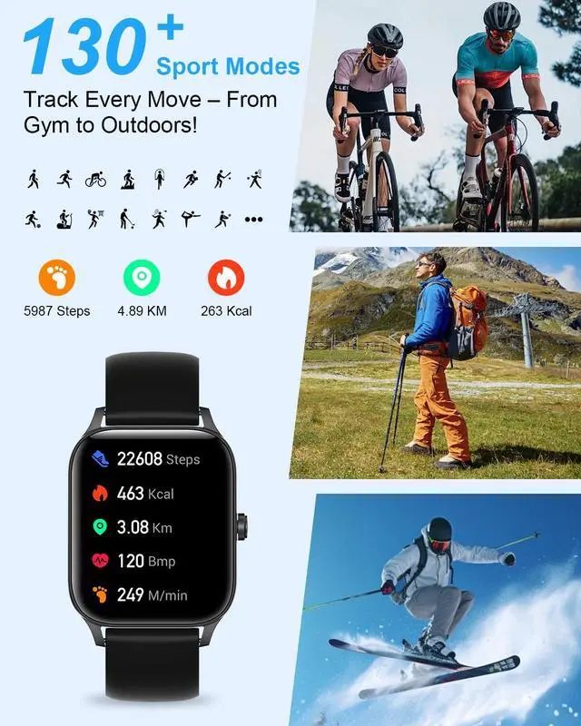 Alt view image 3 of 7 - Smart Watch for Men Women, 1.85"HD Fitness Tracker (Answer/Make Call/Messages),130+ Sport Modes with 24/7 Heart Rate/Sleep Monitor/Pedometer, IP68 Waterproof, Smartwatche for Android&iOS (Black)