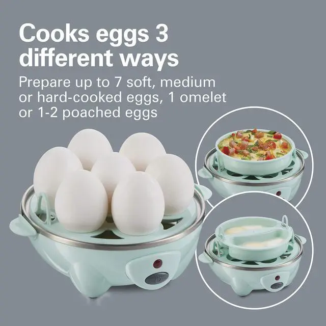 Alt view image 2 of 7 - 3-in-1 Electric Egg Cooker for Hard Boiled Eggs, Poacher Eggs, Omelet Maker & Vegetable Steamer, Holds 7, Mint (25504)
