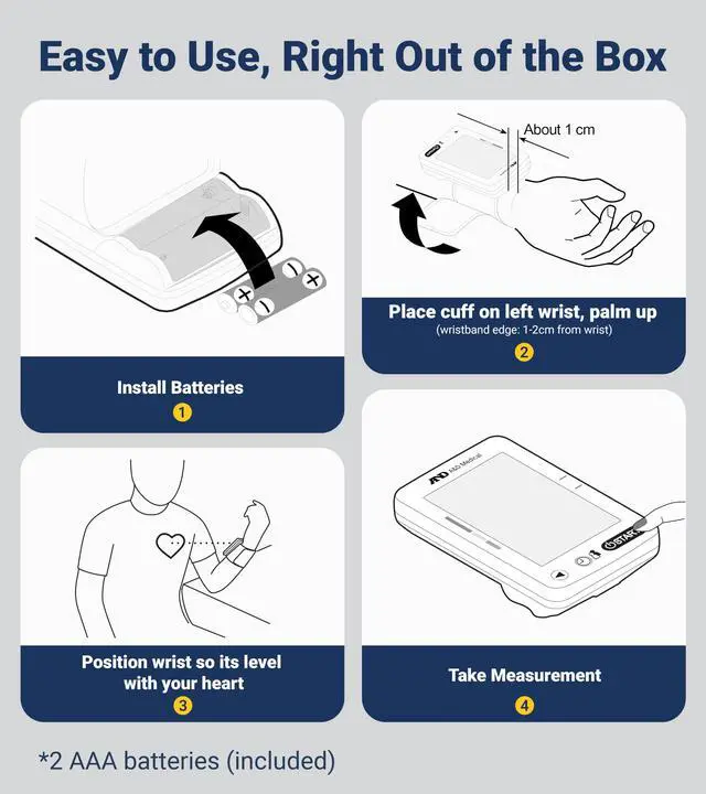 Alt view image 7 of 7 - Essential One Wrist Blood Pressure Monitor for Home Use, UB-543, BP Adjustable Cuff (5.3-8.5"/13.5-21.5 cm), 2 Users, One Button Operation, 60 Reading Memory, Carrying Case, 2 AAA Battery