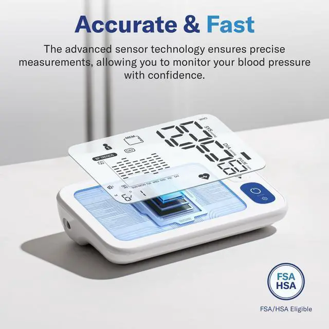 Alt view image 3 of 7 - Bluetooth Blood Pressure Monitor for Home Use, Accurate Upper Arm Smart BP Machine with Wide Range Cuff, App-Enabled for iOS & Android, Super Large Backlit Screen, 2 x 250 Memory