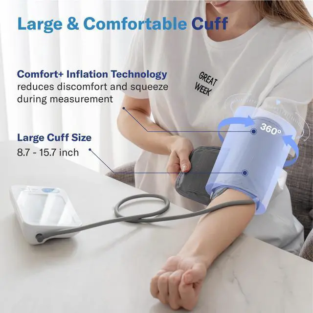 Alt view image 7 of 7 - Bluetooth Blood Pressure Monitor for Home Use, Accurate Upper Arm Smart BP Machine with Wide Range Cuff, App-Enabled for iOS & Android, Super Large Backlit Screen, 2 x 250 Memory