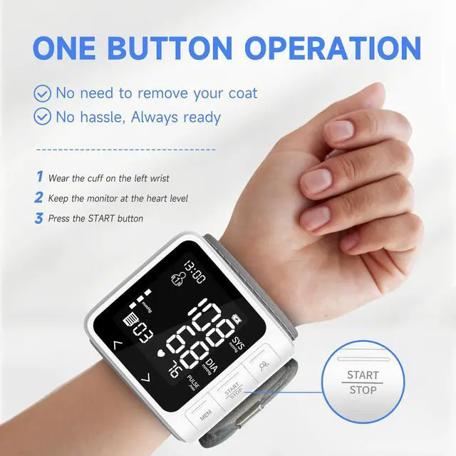 Alt view image 3 of 7 - Wrist Blood Pressure Monitor, LCD Backlit Dispaly BP Machine Automatic Digital Portable Wrist Blood Pressure Cuff with Heartbeat Detector, 2 * 99 Memory, Carrying Case, 2 AAA Batteries