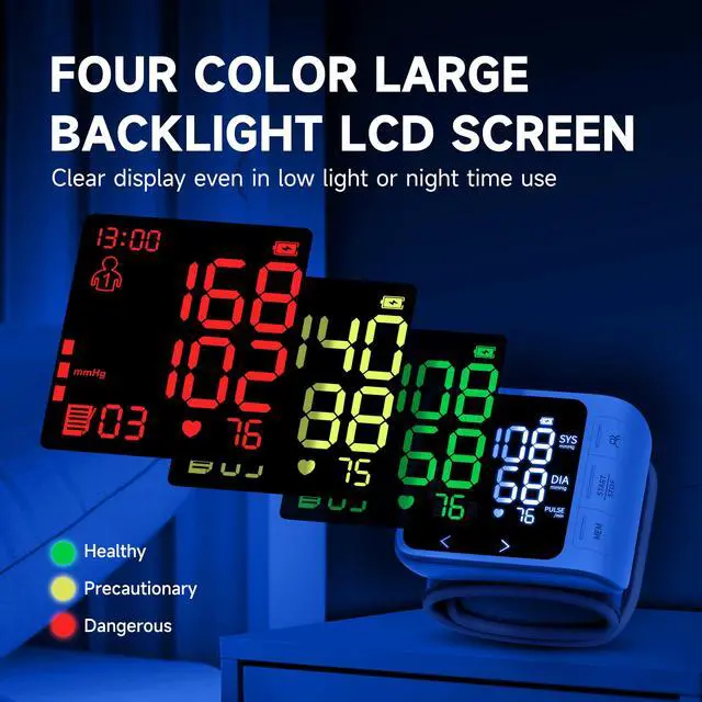 Alt view image 4 of 7 - Wrist Blood Pressure Monitor, LCD Backlit Dispaly BP Machine Automatic Digital Portable Wrist Blood Pressure Cuff with Heartbeat Detector, 2 * 99 Memory, Carrying Case, 2 AAA Batteries