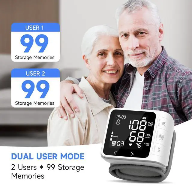 Alt view image 6 of 7 - Wrist Blood Pressure Monitor, LCD Backlit Dispaly BP Machine Automatic Digital Portable Wrist Blood Pressure Cuff with Heartbeat Detector, 2 * 99 Memory, Carrying Case, 2 AAA Batteries