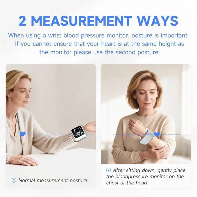 Alt view image 5 of 7 - Wrist Blood Pressure Monitor, LCD Backlit Dispaly BP Machine Automatic Digital Portable Wrist Blood Pressure Cuff with Heartbeat Detector, 2 * 99 Memory, Carrying Case, 2 AAA Batteries