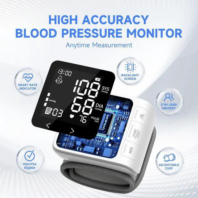 Alt view image 2 of 7 - Wrist Blood Pressure Monitor, LCD Backlit Dispaly BP Machine Automatic Digital Portable Wrist Blood Pressure Cuff with Heartbeat Detector, 2 * 99 Memory, Carrying Case, 2 AAA Batteries