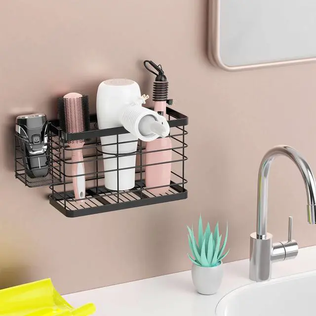 Alt view image 2 of 6 - Hair Tool Organizer - Black Steel Wall Mounted Hair Dryer Holder with Removable Basket, 10.62"L x 4.33"W x 6.69"H, Ideal for Small Bathrooms