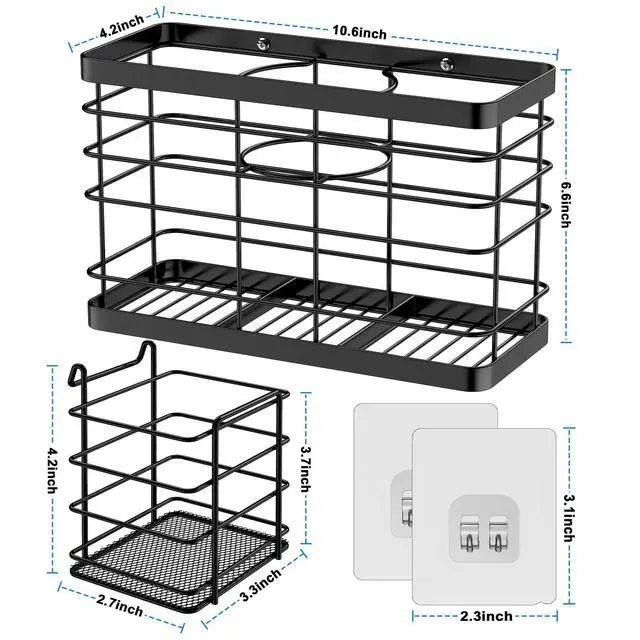 Alt view image 5 of 6 - Hair Tool Organizer - Black Steel Wall Mounted Hair Dryer Holder with Removable Basket, 10.62"L x 4.33"W x 6.69"H, Ideal for Small Bathrooms