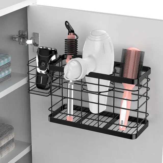 Alt view image 3 of 6 - Hair Tool Organizer - Black Steel Wall Mounted Hair Dryer Holder with Removable Basket, 10.62"L x 4.33"W x 6.69"H, Ideal for Small Bathrooms