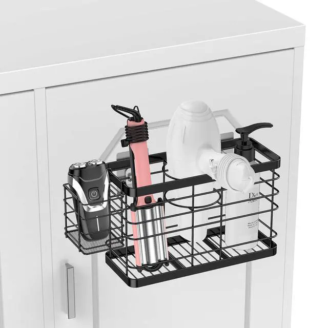 Alt view image 4 of 6 - Hair Tool Organizer - Black Steel Wall Mounted Hair Dryer Holder with Removable Basket, 10.62"L x 4.33"W x 6.69"H, Ideal for Small Bathrooms