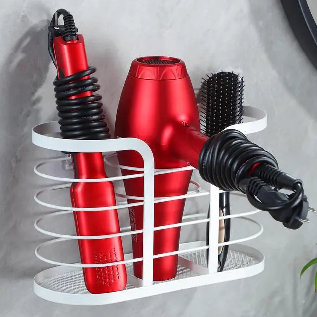 Main image of White Hair Dryer Holder - Adhesive Blow Dryer Holder/Hair Tool Organizer Bathroom Organizer Stick on Wall Mounted Multi-Functional Hair Dryer Rack for Wire Straightener, Shavers
