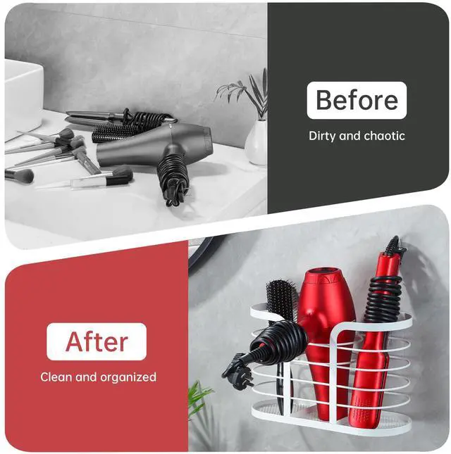 Alt view image 3 of 6 - White Hair Dryer Holder - Adhesive Blow Dryer Holder/Hair Tool Organizer Bathroom Organizer Stick on Wall Mounted Multi-Functional Hair Dryer Rack for Wire Straightener, Shavers