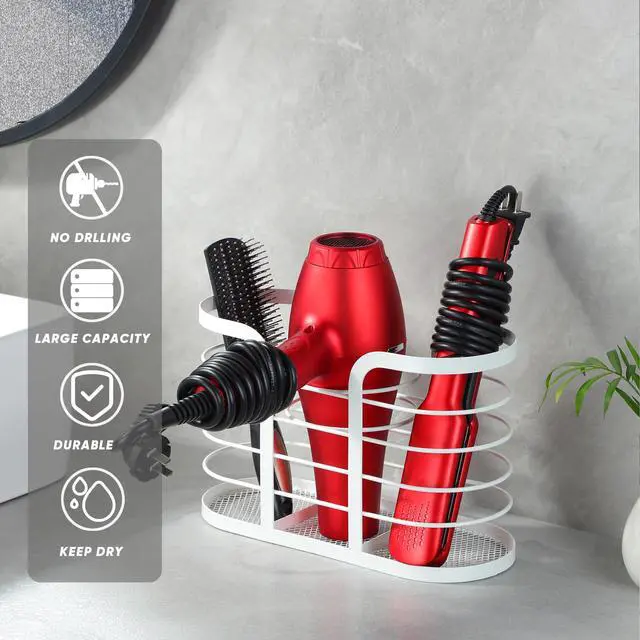 Alt view image 4 of 6 - White Hair Dryer Holder - Adhesive Blow Dryer Holder/Hair Tool Organizer Bathroom Organizer Stick on Wall Mounted Multi-Functional Hair Dryer Rack for Wire Straightener, Shavers