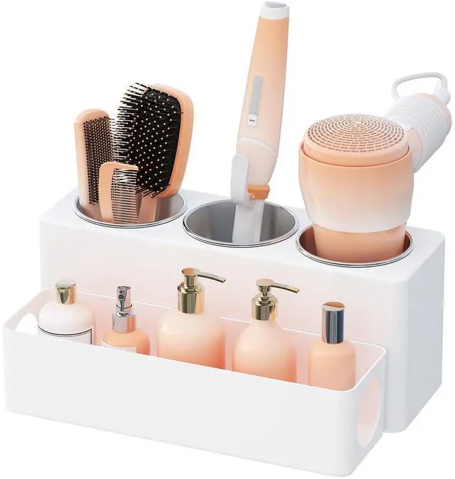 Main image of Hair Tool Organizer Countertop, Removable Blow Dryer Holder for Bathroom, Acrylic Hot Tools Organizer Storage for Curling Iron, Brush, Straightener, 3 Stainless Cups, White, 30 cm/12 inch(L)