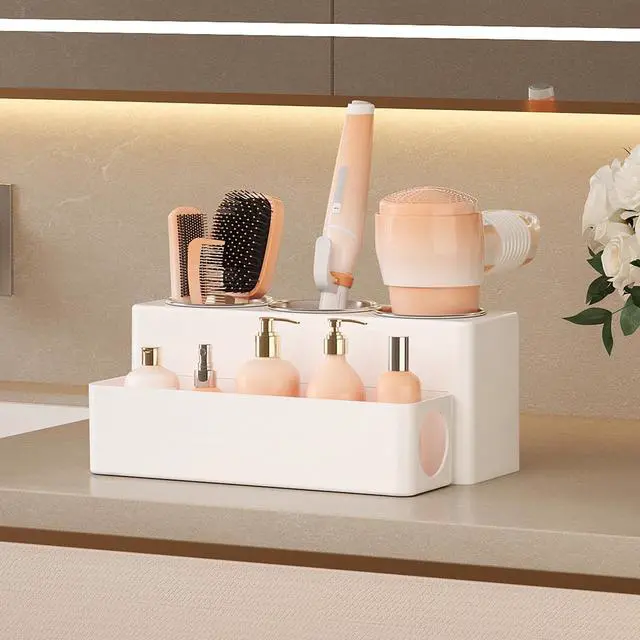 Alt view image 3 of 7 - Hair Tool Organizer Countertop, Removable Blow Dryer Holder for Bathroom, Acrylic Hot Tools Organizer Storage for Curling Iron, Brush, Straightener, 3 Stainless Cups, White, 30 cm/12 inch(L)