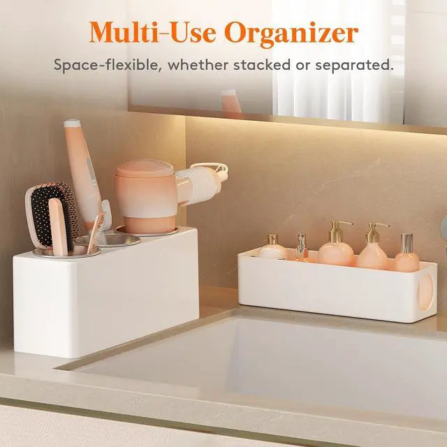 Alt view image 6 of 7 - Hair Tool Organizer Countertop, Removable Blow Dryer Holder for Bathroom, Acrylic Hot Tools Organizer Storage for Curling Iron, Brush, Straightener, 3 Stainless Cups, White, 30 cm/12 inch(L)