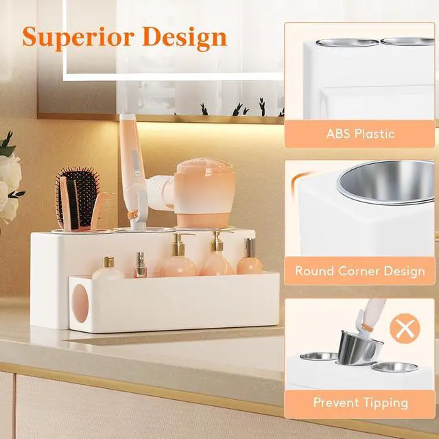 Alt view image 7 of 7 - Hair Tool Organizer Countertop, Removable Blow Dryer Holder for Bathroom, Acrylic Hot Tools Organizer Storage for Curling Iron, Brush, Straightener, 3 Stainless Cups, White, 30 cm/12 inch(L)
