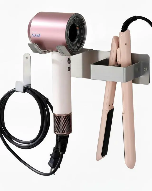 Main image of Hair Dryer Holder Wall Mounted, Hair Tool Organizer Wall Mount for Bathroom, Stainless Steel Hair Dryer Holder, Blow Dryer Holder Adhesive/Drilling Hair Dryer and Straightener Holder UEMUSI