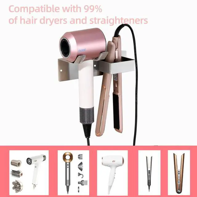 Alt view image 2 of 7 - Hair Dryer Holder Wall Mounted, Hair Tool Organizer Wall Mount for Bathroom, Stainless Steel Hair Dryer Holder, Blow Dryer Holder Adhesive/Drilling Hair Dryer and Straightener Holder UEMUSI