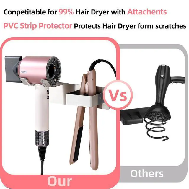Alt view image 6 of 7 - Hair Dryer Holder Wall Mounted, Hair Tool Organizer Wall Mount for Bathroom, Stainless Steel Hair Dryer Holder, Blow Dryer Holder Adhesive/Drilling Hair Dryer and Straightener Holder UEMUSI