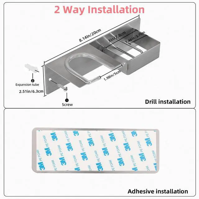 Alt view image 5 of 7 - Hair Dryer Holder Wall Mounted, Hair Tool Organizer Wall Mount for Bathroom, Stainless Steel Hair Dryer Holder, Blow Dryer Holder Adhesive/Drilling Hair Dryer and Straightener Holder UEMUSI