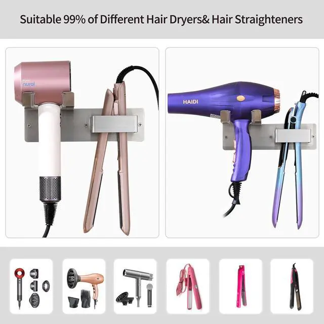 Alt view image 2 of 7 - Hair Dryer Holder Wall Mounted, Stainless Steel Blow Dryer Holder for Bathroom, Hair Dryer and Straightener Holder Adhesive or Drilling, Hair Tool Organizer for Salon Barber Shops Banjekt