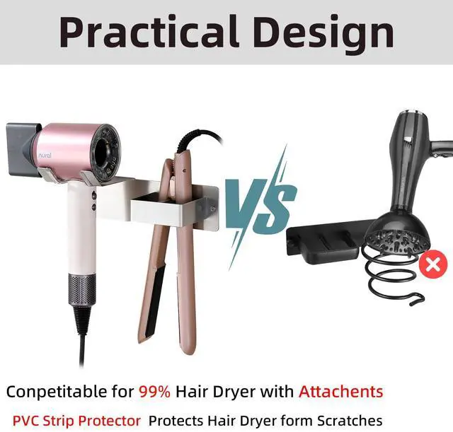 Alt view image 6 of 7 - Hair Dryer Holder Wall Mounted, Stainless Steel Blow Dryer Holder for Bathroom, Hair Dryer and Straightener Holder Adhesive or Drilling, Hair Tool Organizer for Salon Barber Shops Banjekt