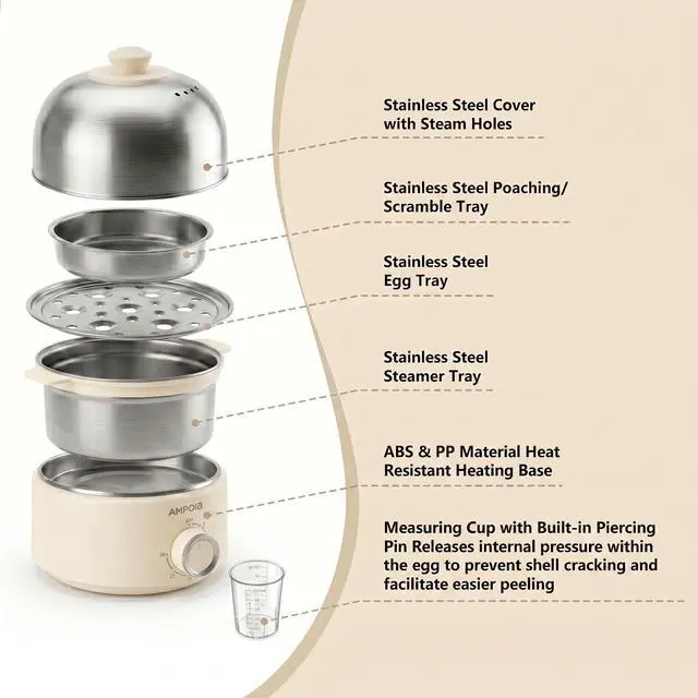 Alt view image 2 of 7 - 14 Eggs Electric Egg Cooker, 350W Rapid Egg Boiler with 30-Min Timer & Auto Shut-Off, Stainless Steel, Dishwasher Safe for Soft, Medium, Hard Boiled, Steamed Eggs, Vegetables & Seafood, Beige